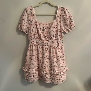 Pink Floral Mini Dress with Ruffles and Dot Detail